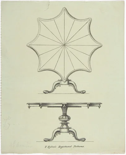 Design for a Star-shaped Tilting Pedestal Table: Two Views by anonymous, drawing, 1825-1835