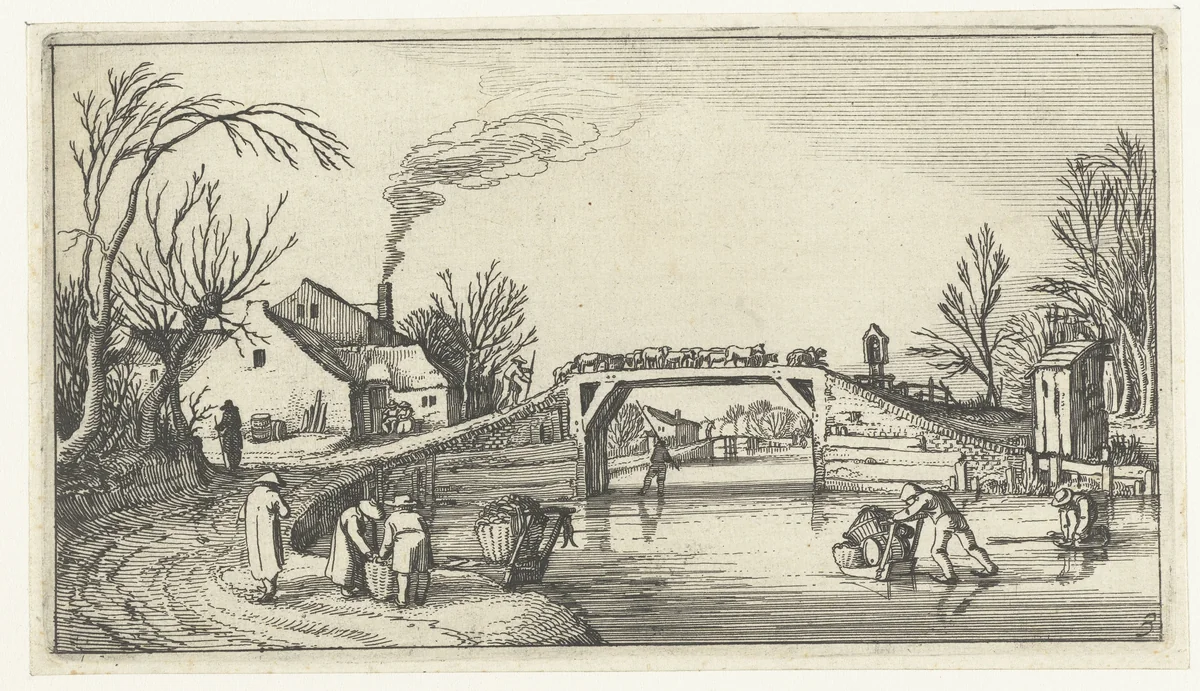 Landschap met schaatsers bij een brug met schapen by anonymous, print, 1610-1650