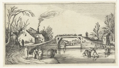 Landschap met schaatsers bij een brug met schapen by anonymous, print, 1610-1650