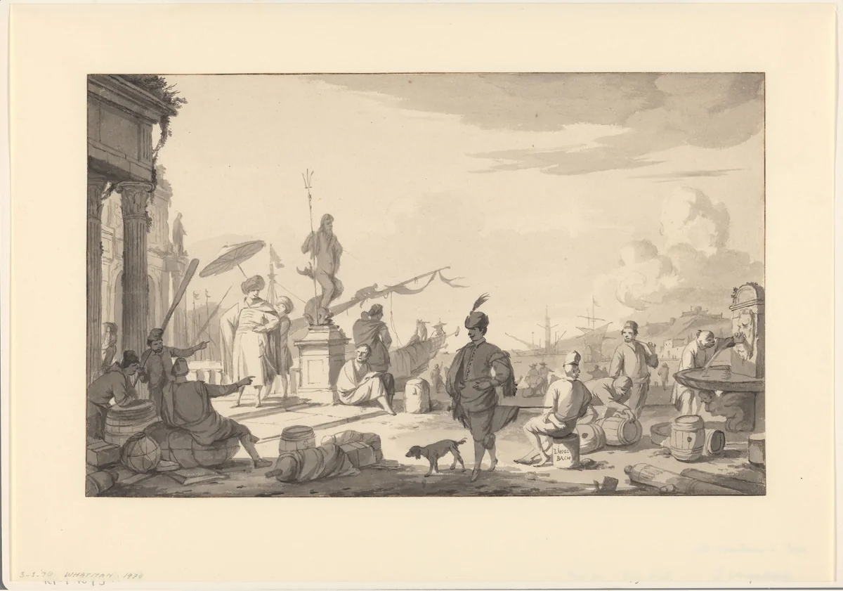 Kade van een Oosterse haven by Johannes Lingelbach, drawing, 1644-1674