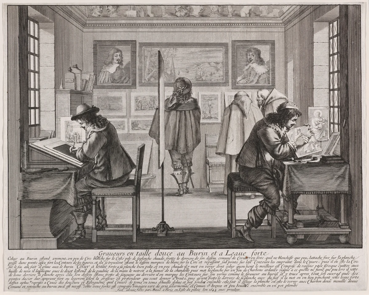 Graveurs en taille douce au burin et à l'eau forte (Copper Plate Engravers and Etchers) by Abraham Bosse, print, 1643