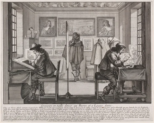 Graveurs en taille douce au burin et à l'eau forte (Copper Plate Engravers and Etchers) by Abraham Bosse, print, 1643