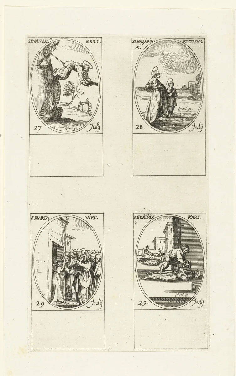 Heilige Pantaleon van Nicomedië, Heilige Nazarius en Heilige Celsus van Milaan, Heilige Martha van Bethanië, Heilige Beatrix van Rome (27-29 juli) by Jacques Callot, print, 1632-1636