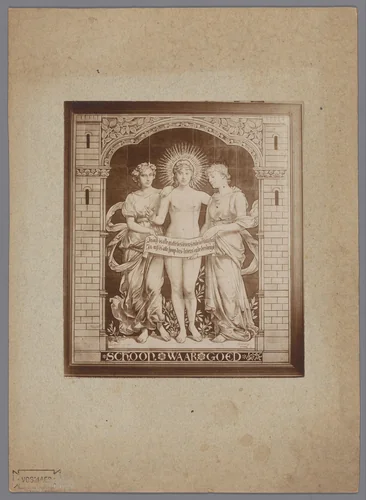 Fotoreproductie van het tegeltableau Schoon, Waar, Goed van plateelbakkerij Rozenburg, met drie figuren, architectuur en een spreuk by anonymous, photograph, 1892-1900