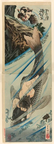 Kintaro Captures the Carp (Kintaro rigyo o torau) by Tsukioka Yoshitoshi, print, 1885