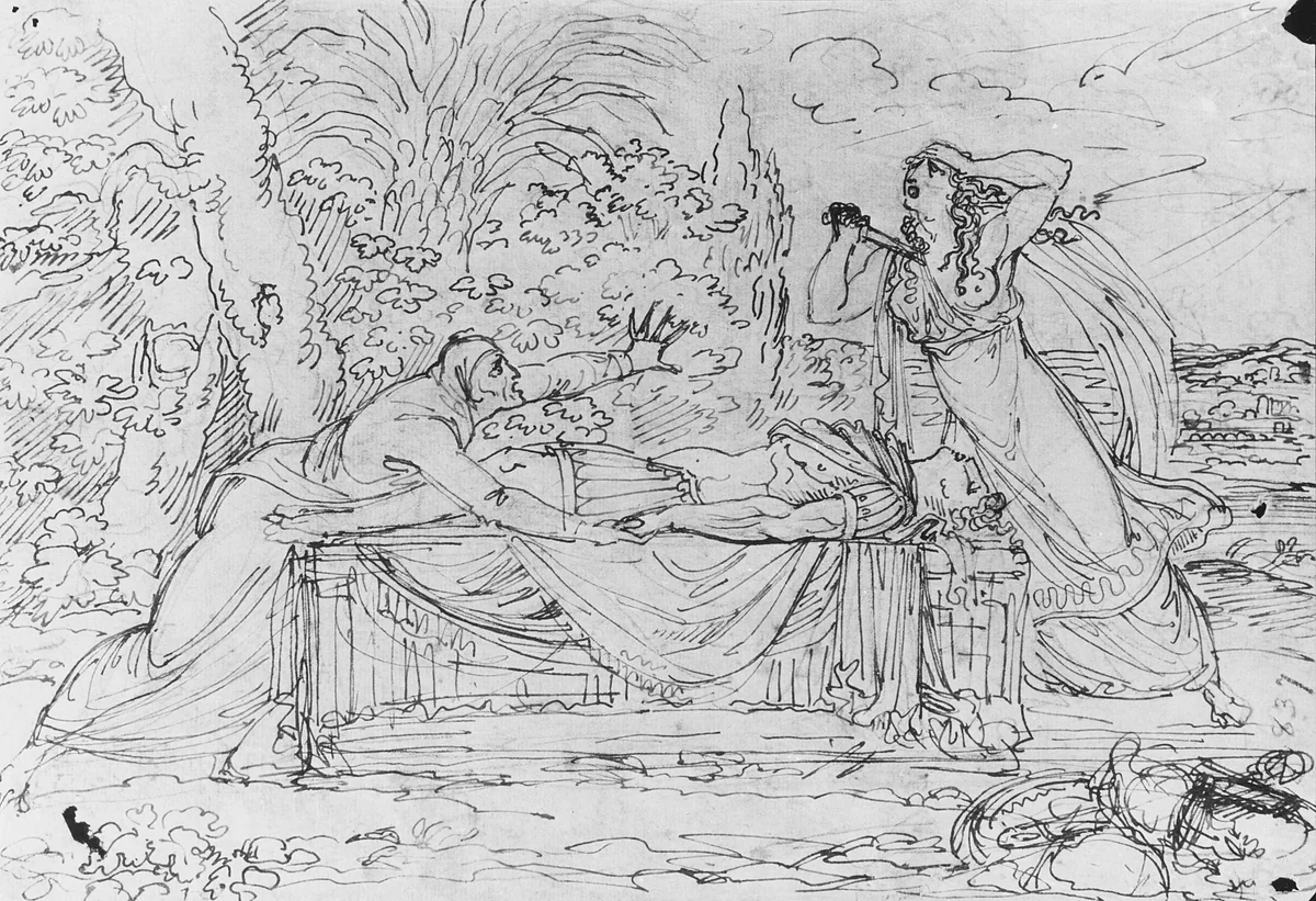 Panthea Stabs Herself beside the Corpse of Abradatas by Benjamin West, artwork, 1738-1820