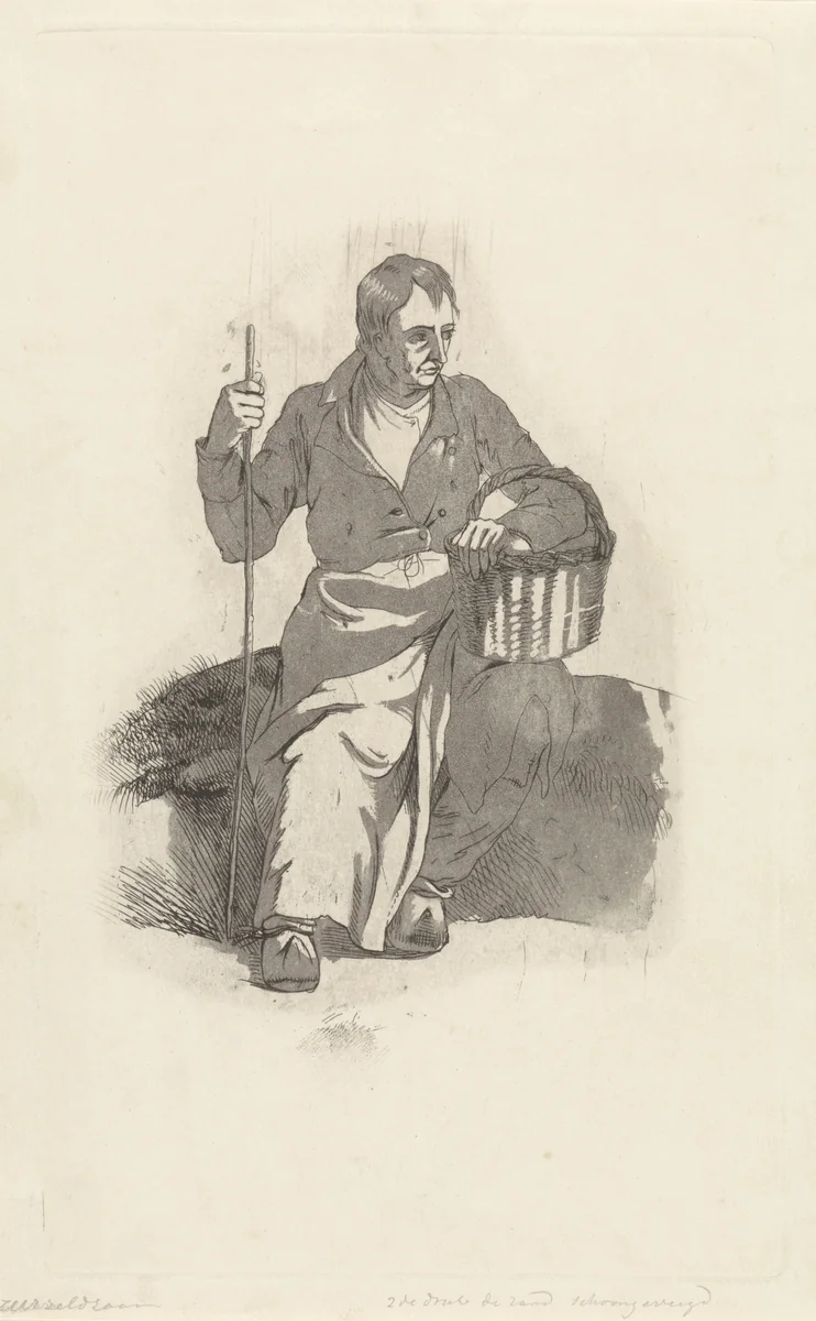 Zittende man met mand by Hendrikus van de Sande Bakhuyzen, print, 1805-1860
