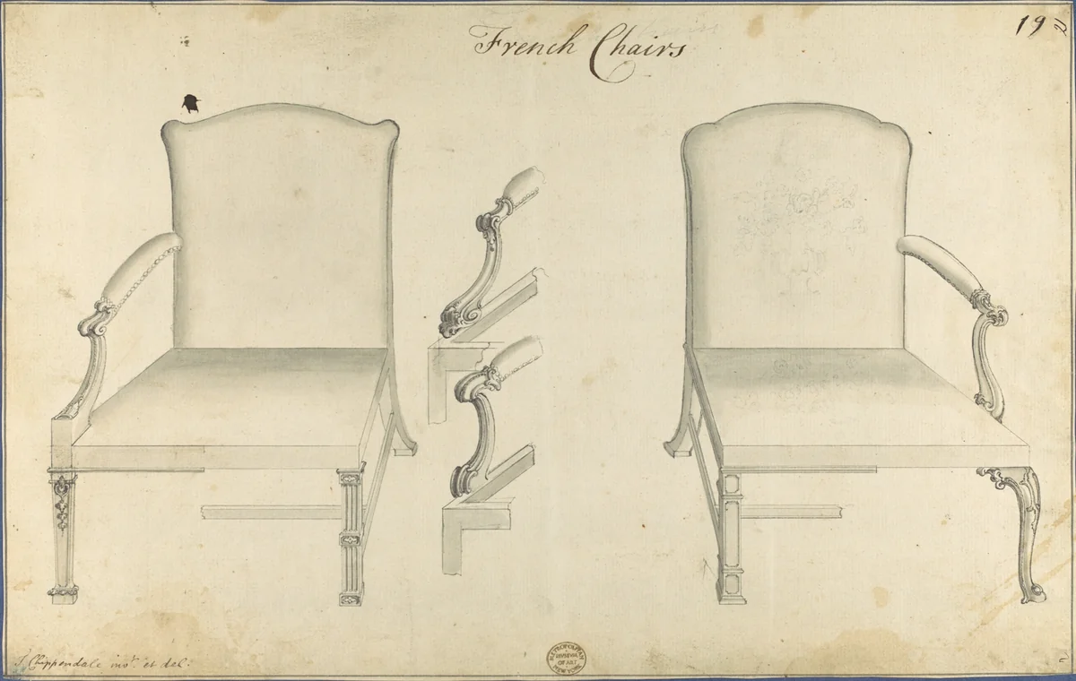 Two French Chairs, in Chippendale Drawings, Vol. I by Thomas Chippendale, drawing, 1762