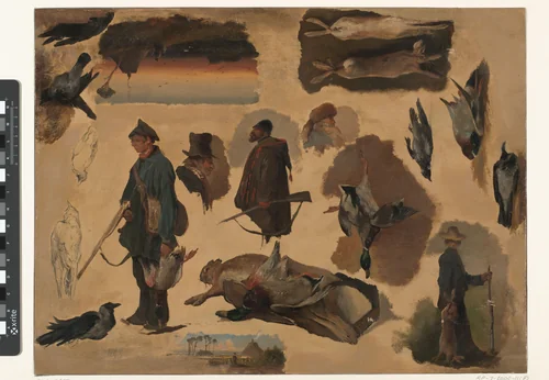Studies van jagers, wild en huizen by Johannes Tavenraat, drawing, 1842