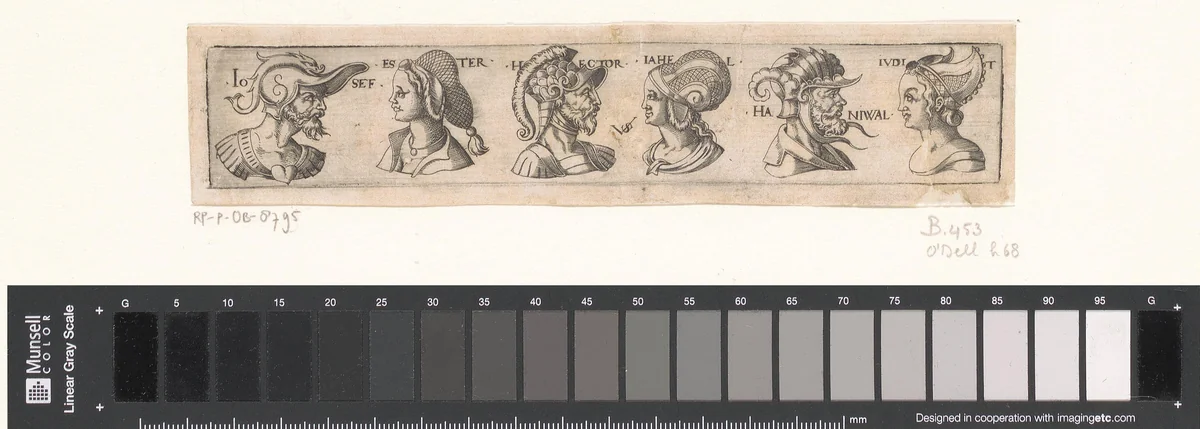 Fries met zes bustes met hoofddeksels by Unknown, print, 1538-1562