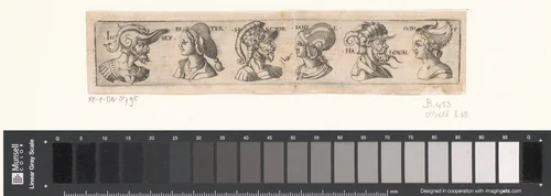 Fries met zes bustes met hoofddeksels by Unknown, print, 1538-1562