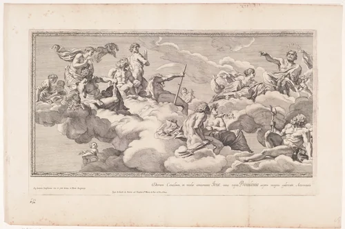 Verzameling van goden op de Olympus (linker deel) by Pietro Aquila, print, 1660-1692