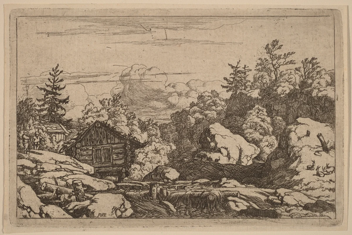 Cottages at the Bank by Allart van Everdingen, print, 1645-1656