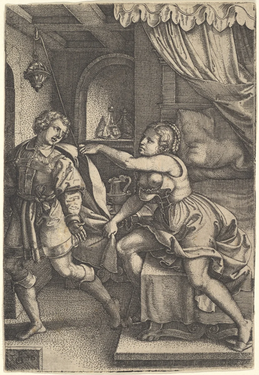 Joseph strides away from Potiphar's wife, who clutches his cloak with both hands as she straddles the corner of a bed, from "The Story of Joseph" by Georg Pencz, print, 1546