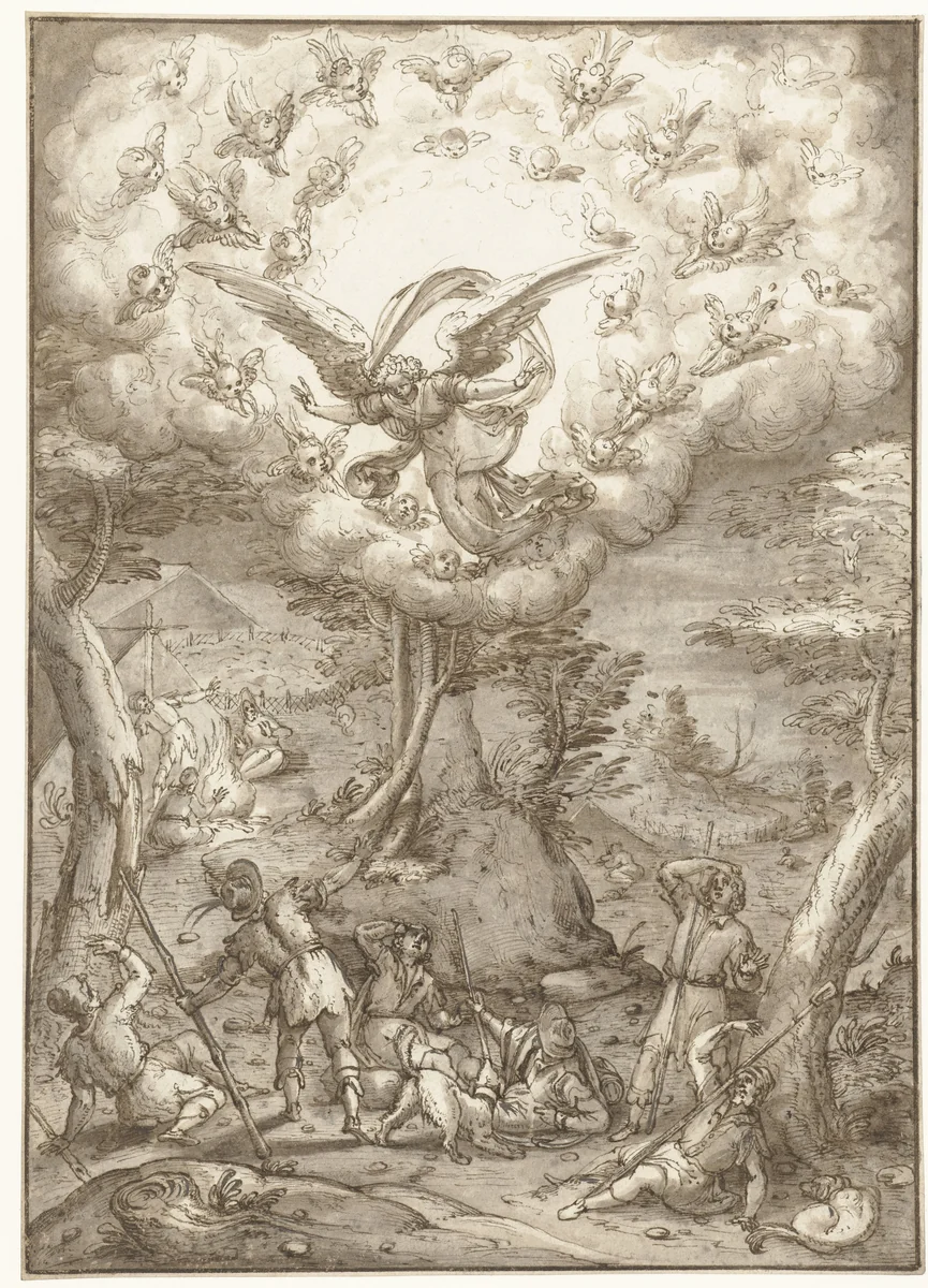 Verkondiging aan de herders by Peter de Witte, drawing, 1559-1586