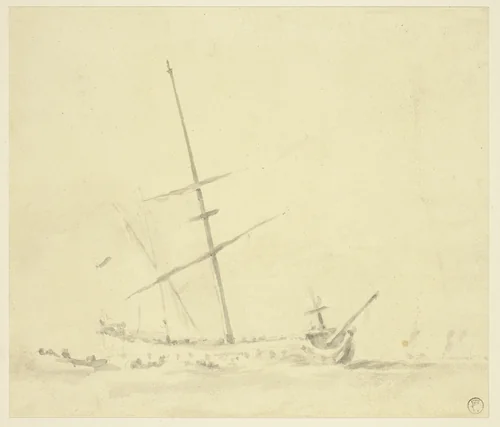 Row Boats near a Ship by Willem van de Velde, drawing, 1653-1707