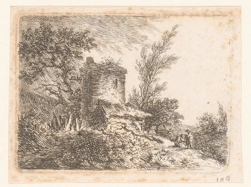 Toren met schuur in een landschap by Sauveur Legros, print, 1796