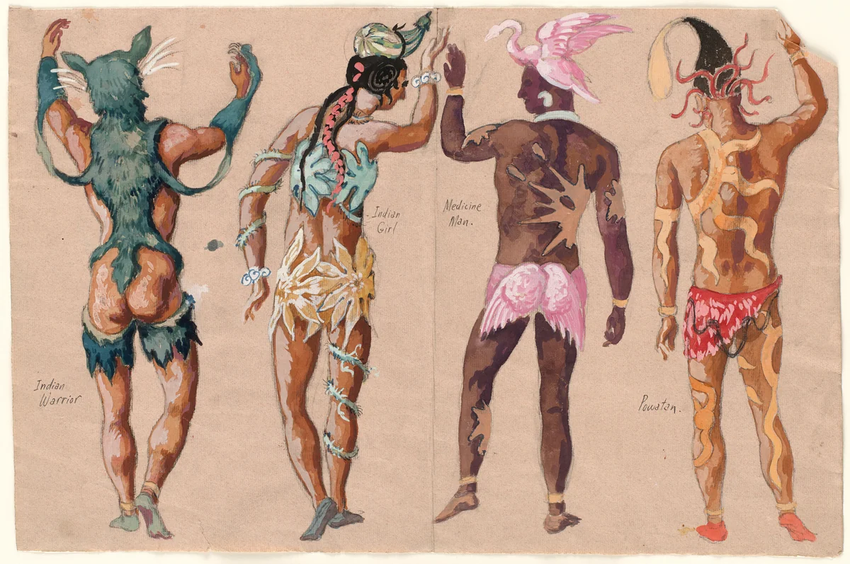 Indian Warrior, Indian Girl, Medicine Man, Powatan[sic]. Costume designs for the ballet Pocahontas by Karl Free, drawing, 1936