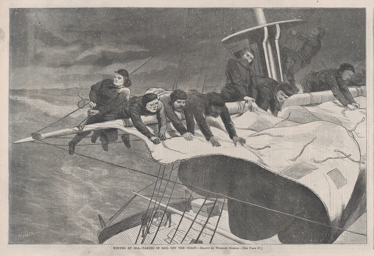 Winter at Sea – Taking in Sail off the Coast (from "Harper's Weekly," Vol. XIII) by Winslow Homer, print, 1869