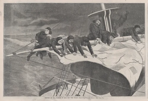 Winter at Sea – Taking in Sail off the Coast (from "Harper's Weekly," Vol. XIII) by Winslow Homer, print, 1869