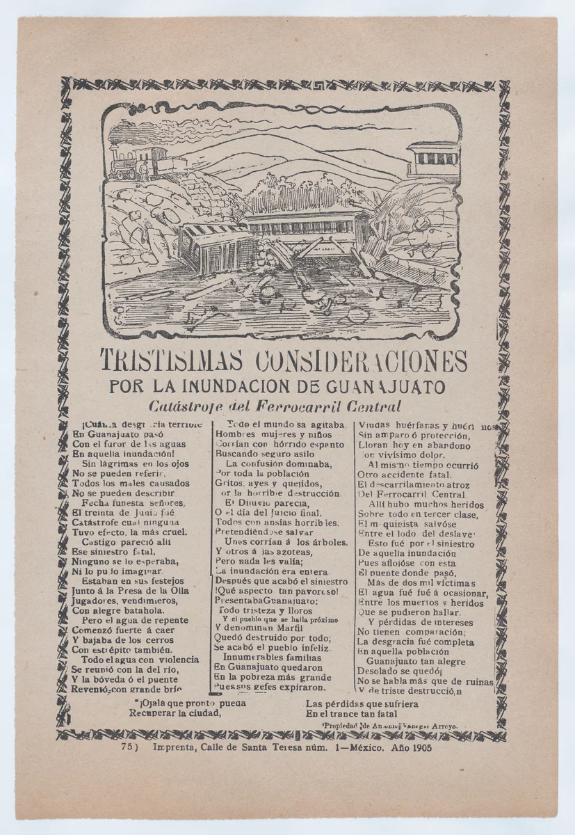 Broadsheet relating to a news story about the destruction following a flood in Guanajuato, a collapsed bridge and train car with victims by José Guadalupe Posada, print, 1905