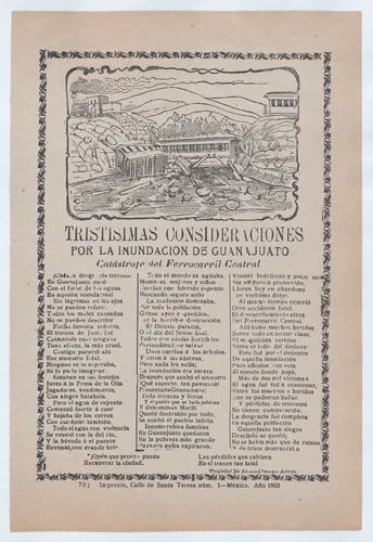 Broadsheet relating to a news story about the destruction following a flood in Guanajuato, a collapsed bridge and train car with victims by José Guadalupe Posada, print, 1905