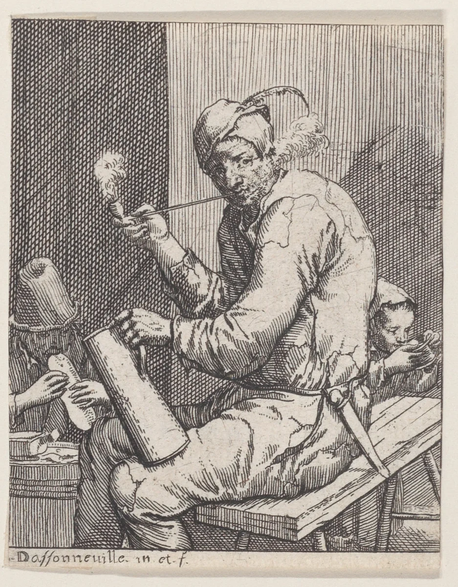 Man seated smoking by Jacques Dassonville, print, 1640-1670