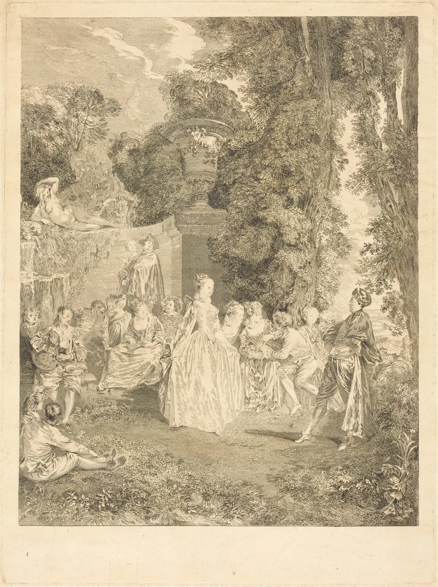Fetes venitiennes by Laurent Cars; Antoine Watteau, print, 1732
