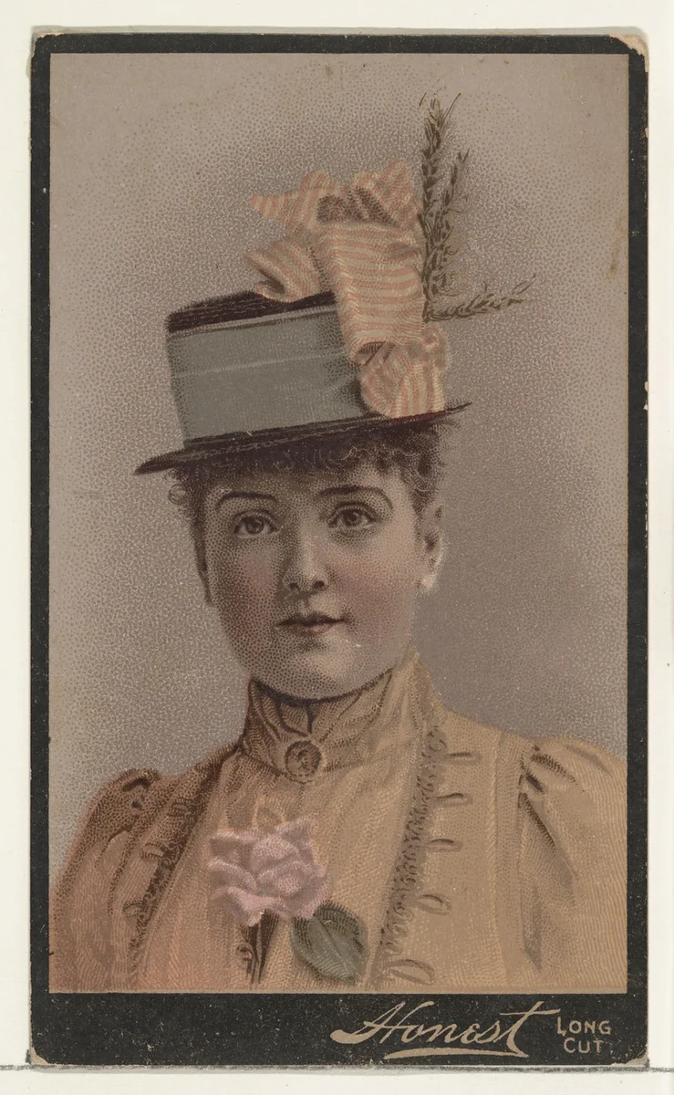 Actress wearing tall structured hat with striped ribbon, from Stars of the Stage, Third Series (N131) issued by Duke Sons & Co. to promote Honest Long Cut Tobacco by W. Duke, Sons & Co., print, 1891-1892