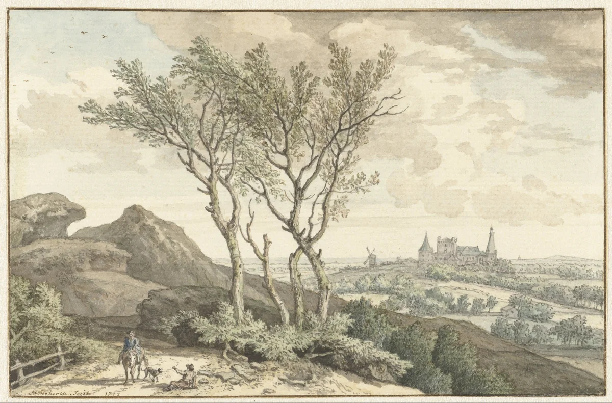 Gezicht op het kasteel van Bentheim by Isaac de Moucheron, drawing, 1743