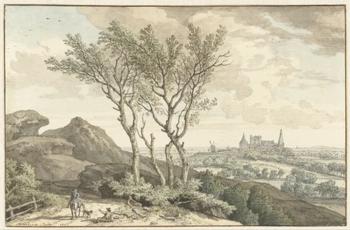 Gezicht op het kasteel van Bentheim by Isaac de Moucheron, drawing, 1743