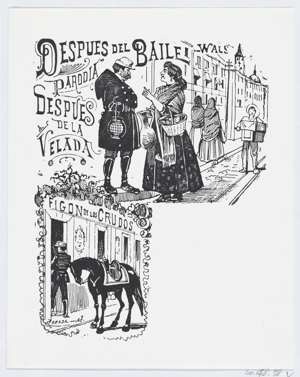 A man and woman speaking on the street by José Guadalupe Posada, print, 1875-1885