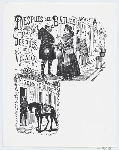 A man and woman speaking on the street by José Guadalupe Posada, print, 1875-1885