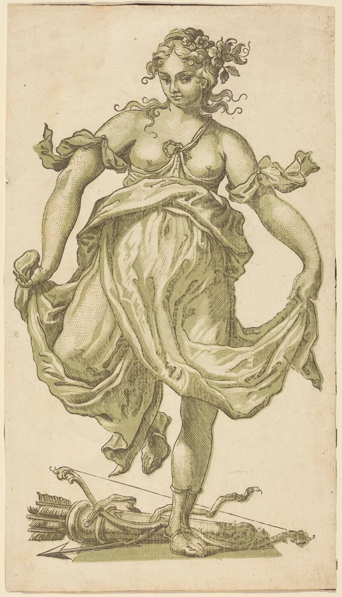 Dancing Nymph with Bow and Arrows by John Baptist Jackson, print, 1752-1754