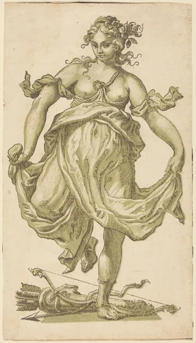 Dancing Nymph with Bow and Arrows by John Baptist Jackson, print, 1752-1754