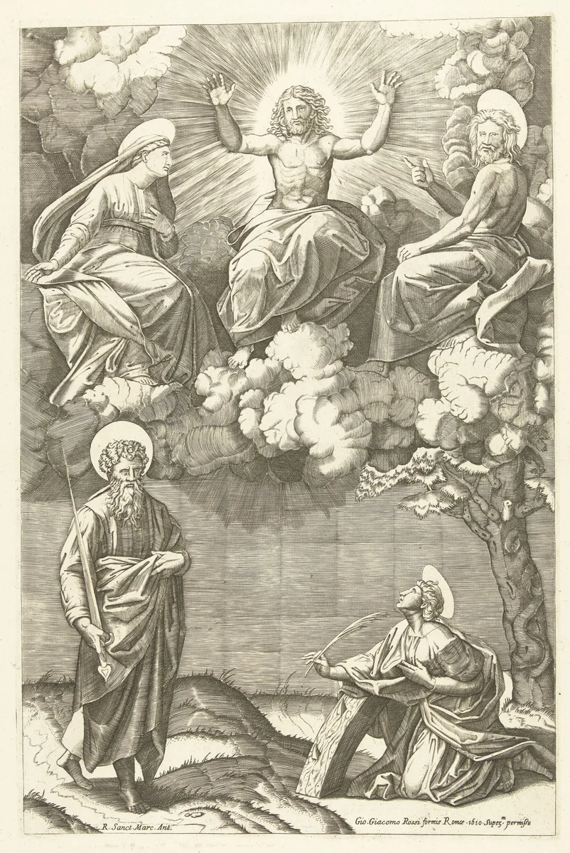 Christus en Maria en Johannes de Doper met heiligen Paulus en Catharina van Alexandrië by anonymous, print, 1518-1610
