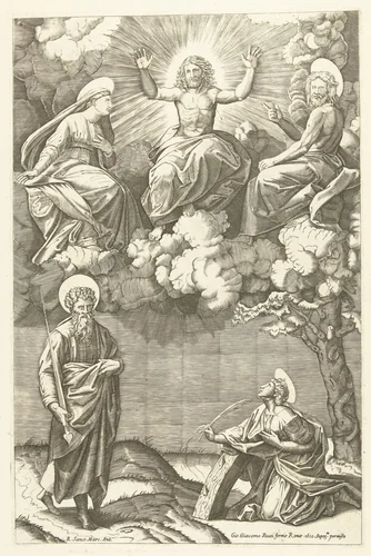 Christus en Maria en Johannes de Doper met heiligen Paulus en Catharina van Alexandrië by anonymous, print, 1518-1610