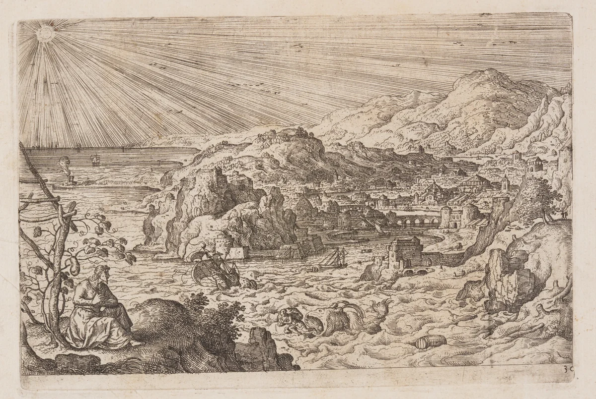 Plate 30, from Landscapes with Scenes from the Old and New Testament and Ovid’s Metamorphoses by Hans Bol, print, 1574