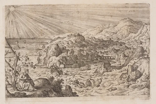 Plate 30, from Landscapes with Scenes from the Old and New Testament and Ovid’s Metamorphoses by Hans Bol, print, 1574