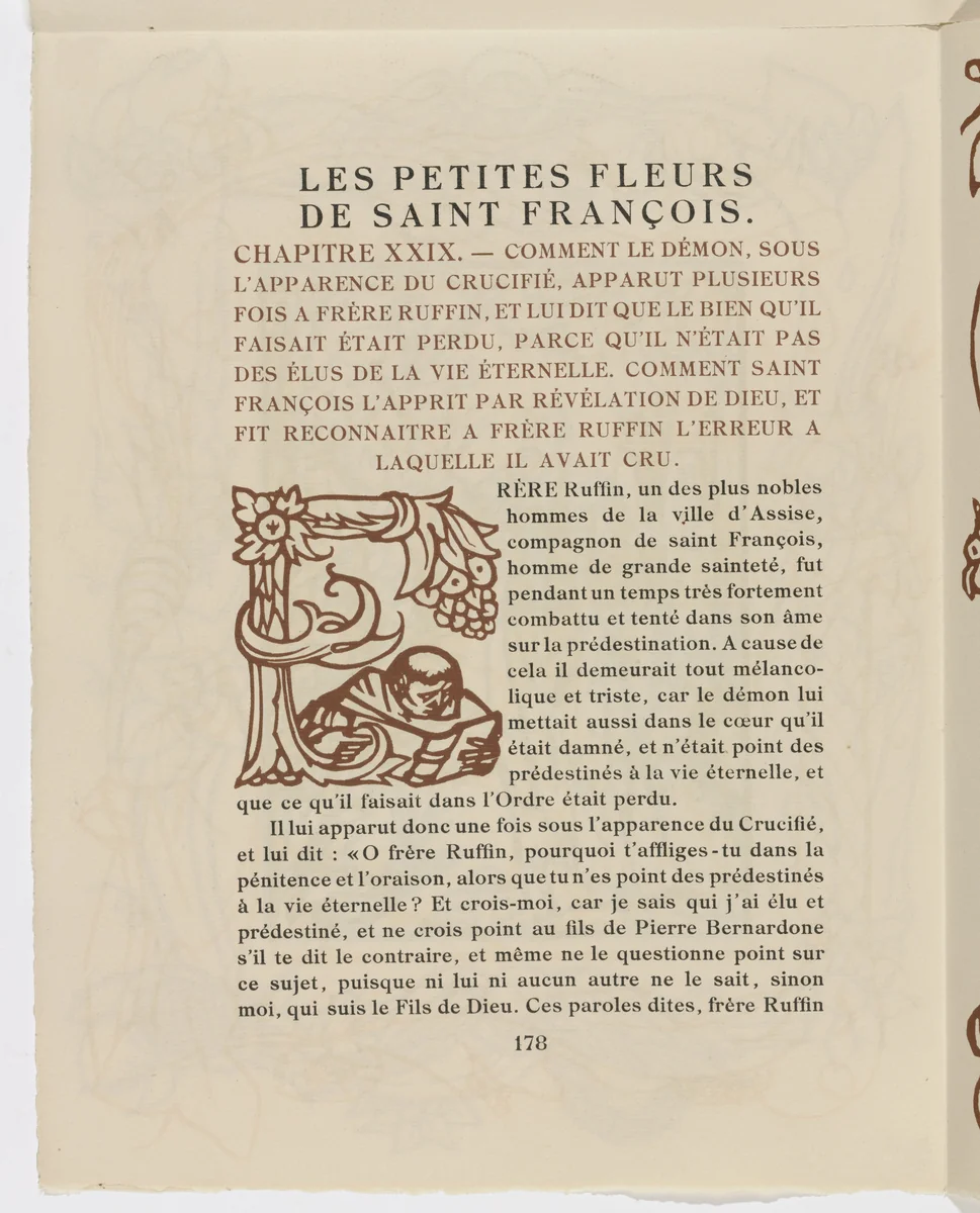Pictorial initial (page 178) from Les Petites Fleurs de St. François (The Little Flowers of St. Francis) by Émile Bernard, illustrated book, 1928