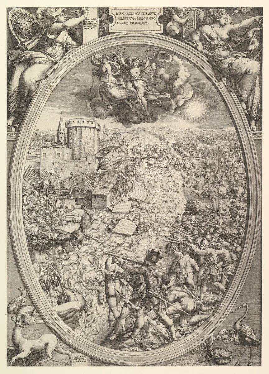 The Battle of Mühlberg with the army of Charles V crossing the Elbe River by Enea Vico, print, 1551