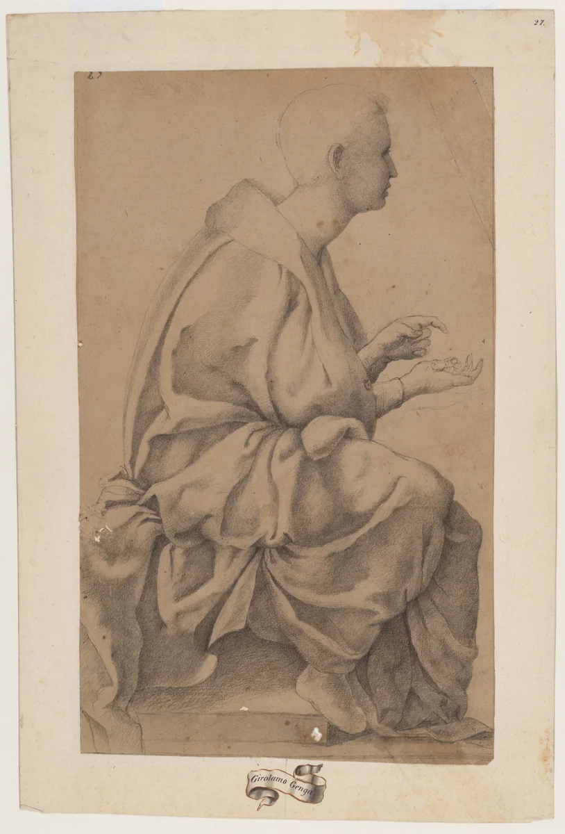 Study for a seated draped figure by Girolamo Genga, drawing, 1516-1518