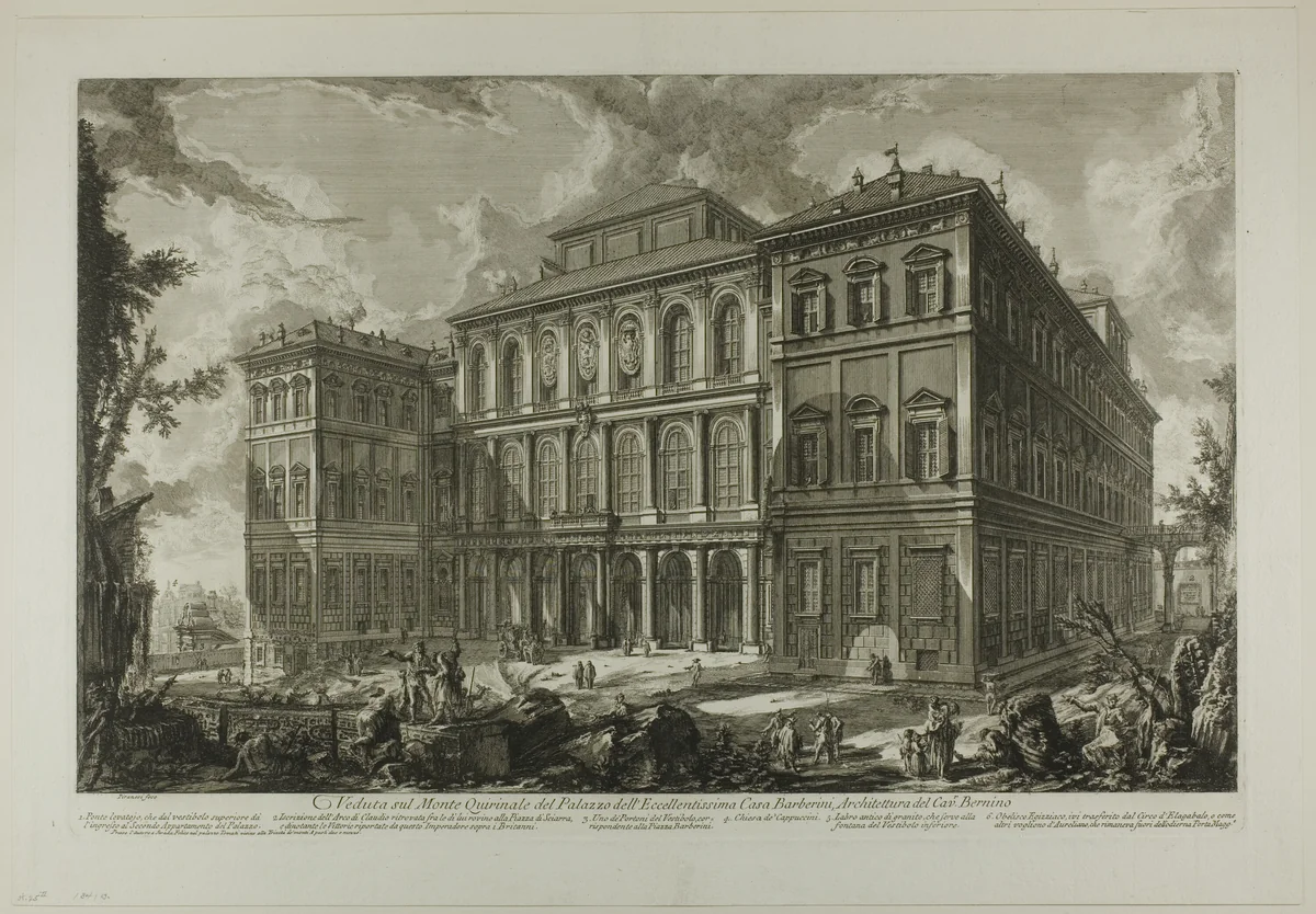 View of the palace of the illustrious Barberini family on the Quirinal Hill, designed by Cavaliere Bernini, from Views of Rome by Giovanni Battista Piranesi, print, 1750-1759