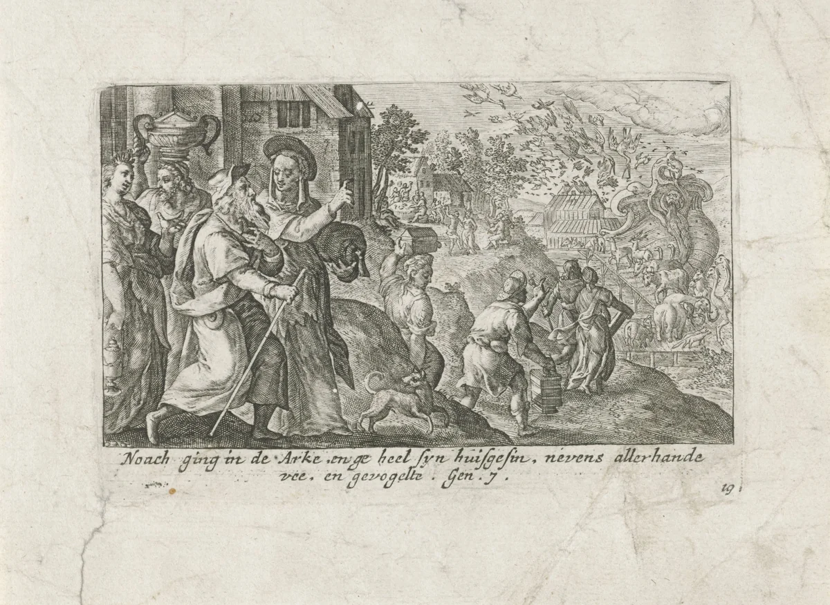 Noach gaat met zijn familie en de dieren aan boord van de ark by Crispijn van de Passe, print, 1700-1750