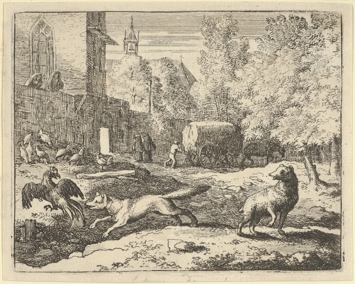 Renard Wants to Find a Rooster from Hendrick van Alcmar's Renard The Fox by Allart van Everdingen, print, 1650-1675