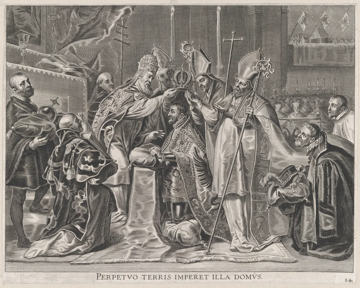 Plate 24: Charles V crowned Emperor by the Pope; from Guillielmus Becanus's 'Serenissimi Principis Ferdinandi, Hispaniarum Infantis...' by Pieter de Jode II, print, 1636