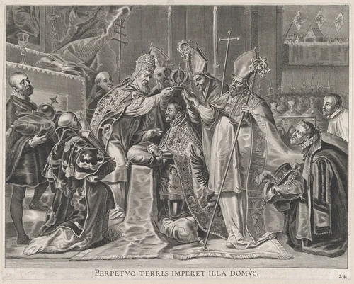 Plate 24: Charles V crowned Emperor by the Pope; from Guillielmus Becanus's 'Serenissimi Principis Ferdinandi, Hispaniarum Infantis...' by Pieter de Jode II, print, 1636