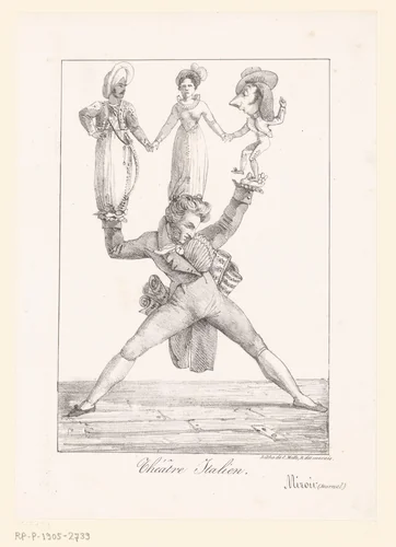 Karikatuur van de componist Rossini met drie theaterfiguren by Eugène Delacroix, other, 1821