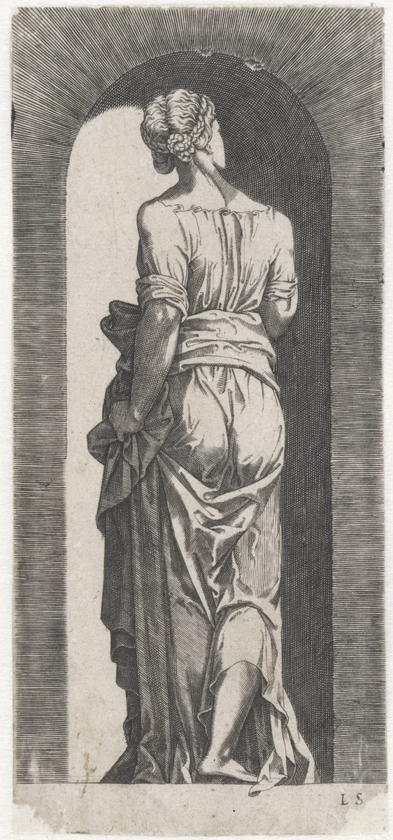 Sibille op de rug gezien by Unknown, print, 1520-1567