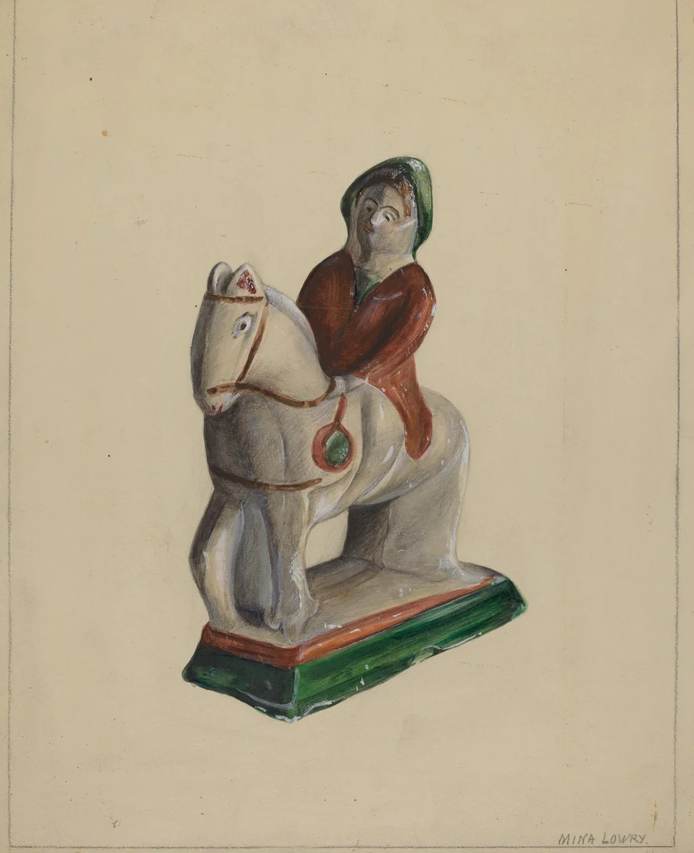 Pa. German Chalkware Woman on Horse by Mina Lowry, index of american design, 1936